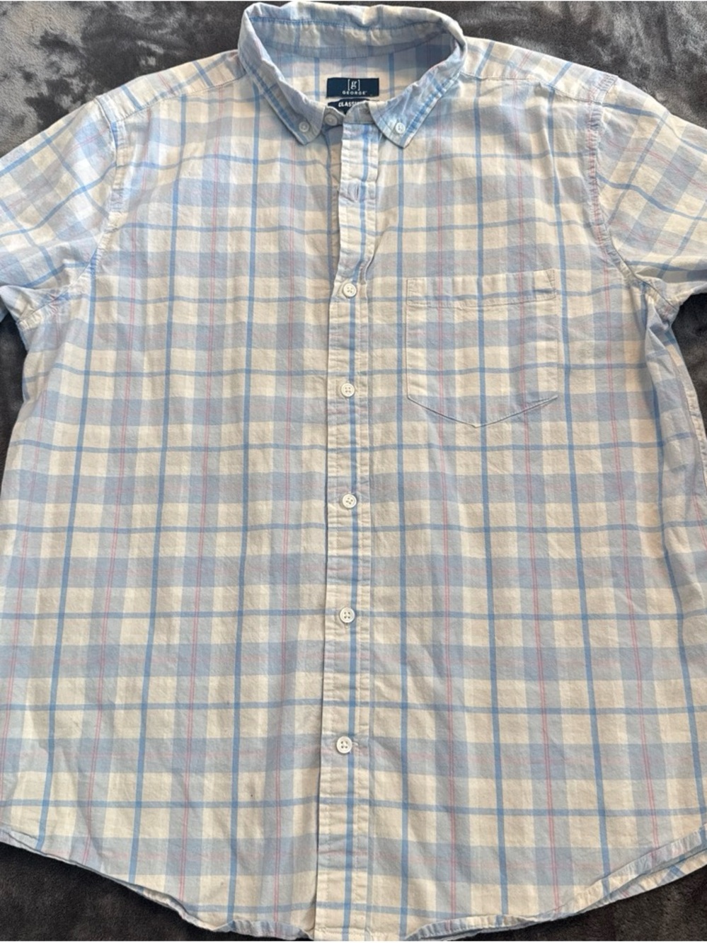 George Light Blue and White Plaid Short-Sleeve Button-Down Shirt